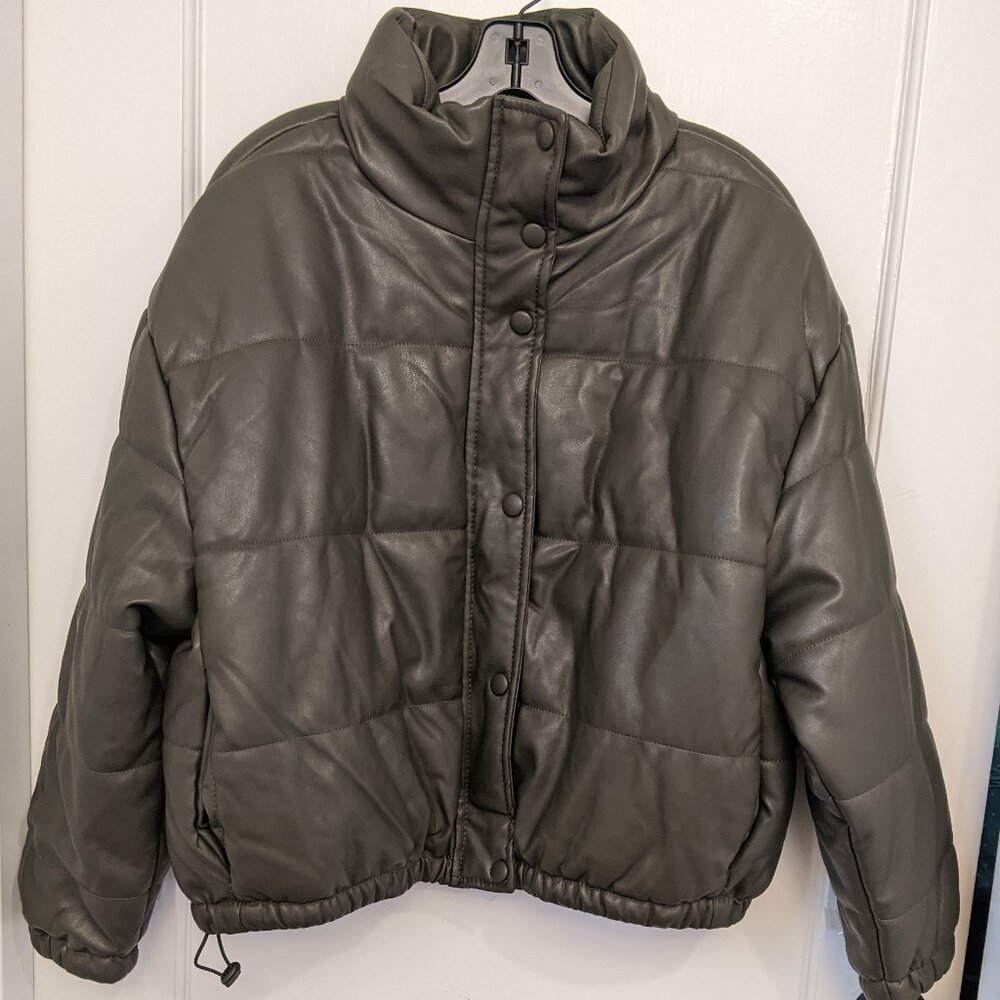 Me Jane Women's Olive Green XL Puffer Faux Leather Jacket